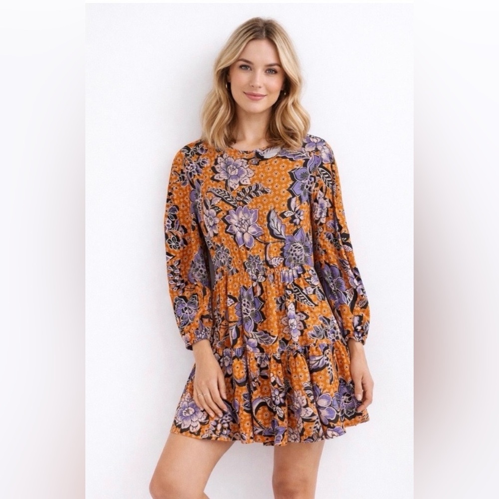 Corry Lynn Calter Adelia Long Sleeve Mini Dress Orange with Purple Floral